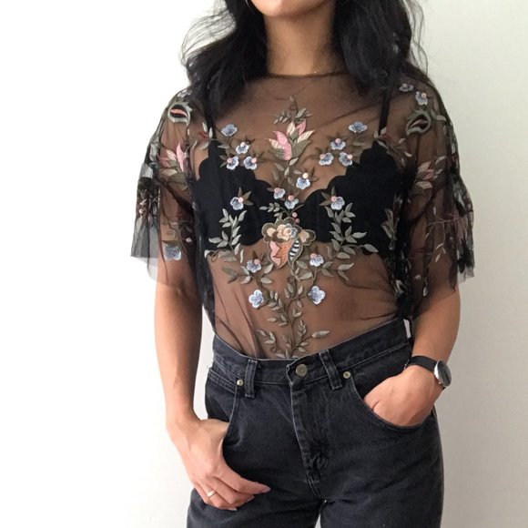 Zara Floral Embroidered Sheer Top Small - Picture 2 of 12